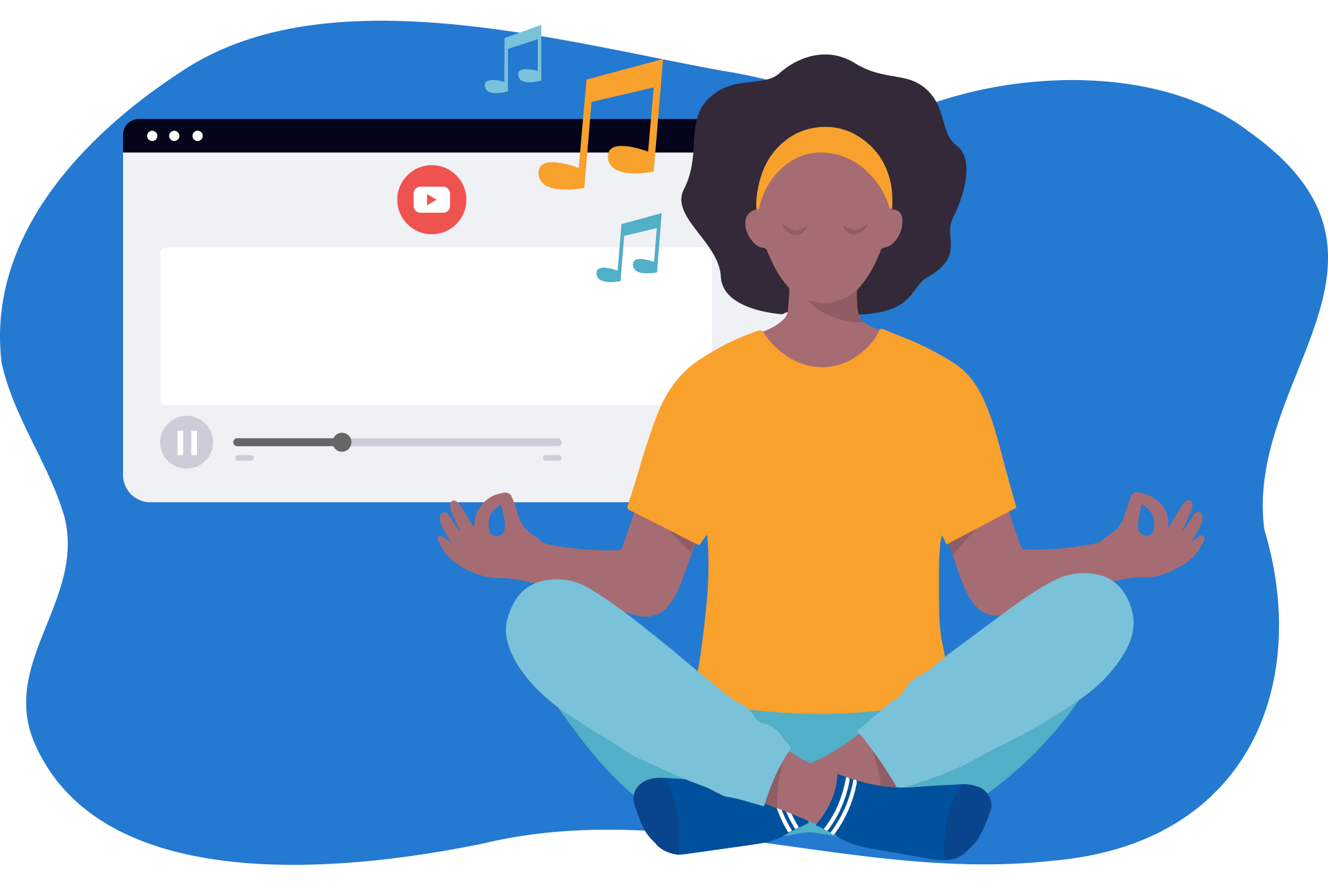 Desenho de uma mulher sentada, meditando, ao som de um vídeo da internet.